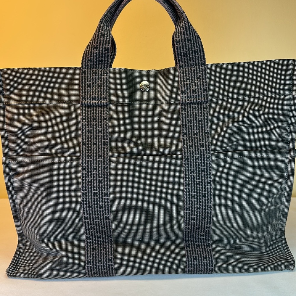 Hermes Heavy Canvas Vintage Zip Tote Gray w/H Design on Web straps Holds Laptop - Picture 5 of 14